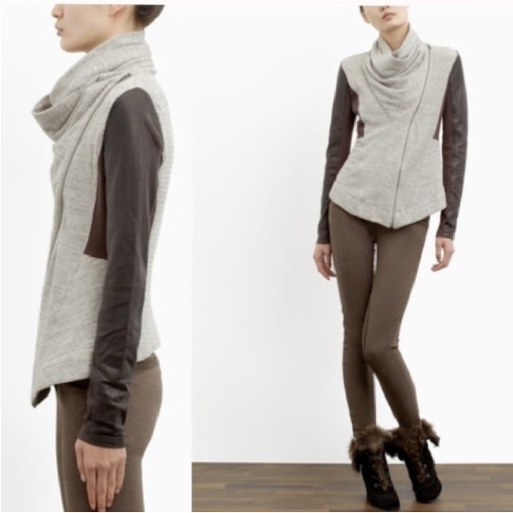 Elizabeth And James Kurt Grey Brown Lambs Leather Sleeves Asymmetrical Jacket M